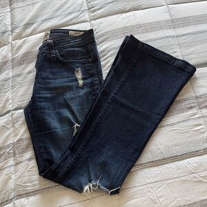 Dark Blue Distressed Women Flare Jeans